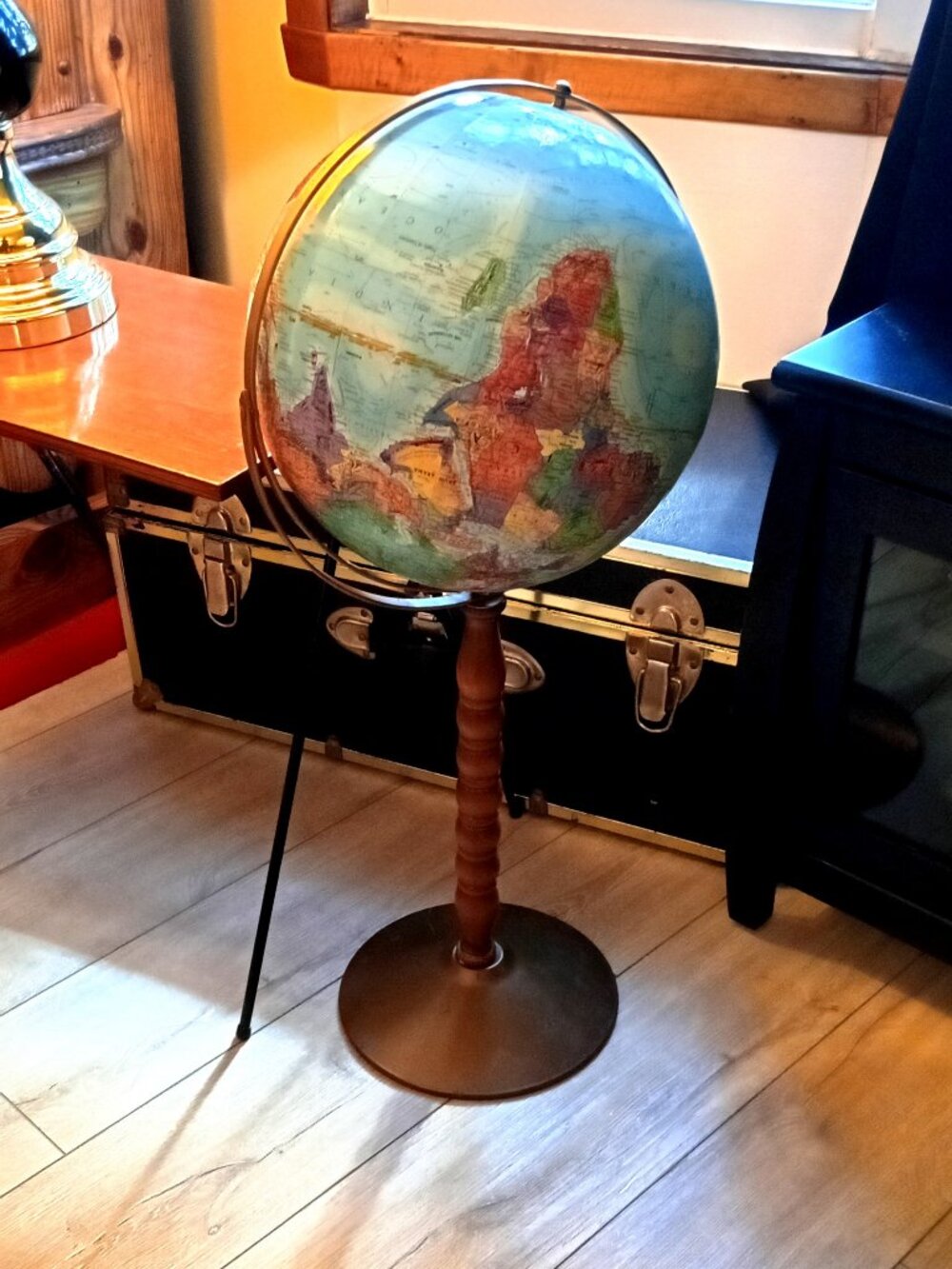 Antique Vintage 34" Blue Ocean Floor Globe with Walnut + Metal Pedestal Stand